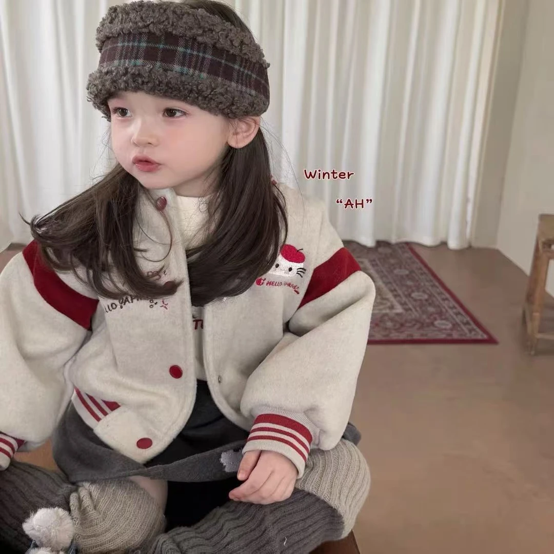 女童夹棉棒球服秋冬款洋气卡通棉服外套宝宝加绒刺绣kt猫夹棉外套