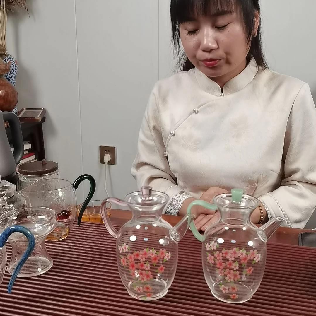 高硼硅玻璃手柄款逸彩花影执壶带盖