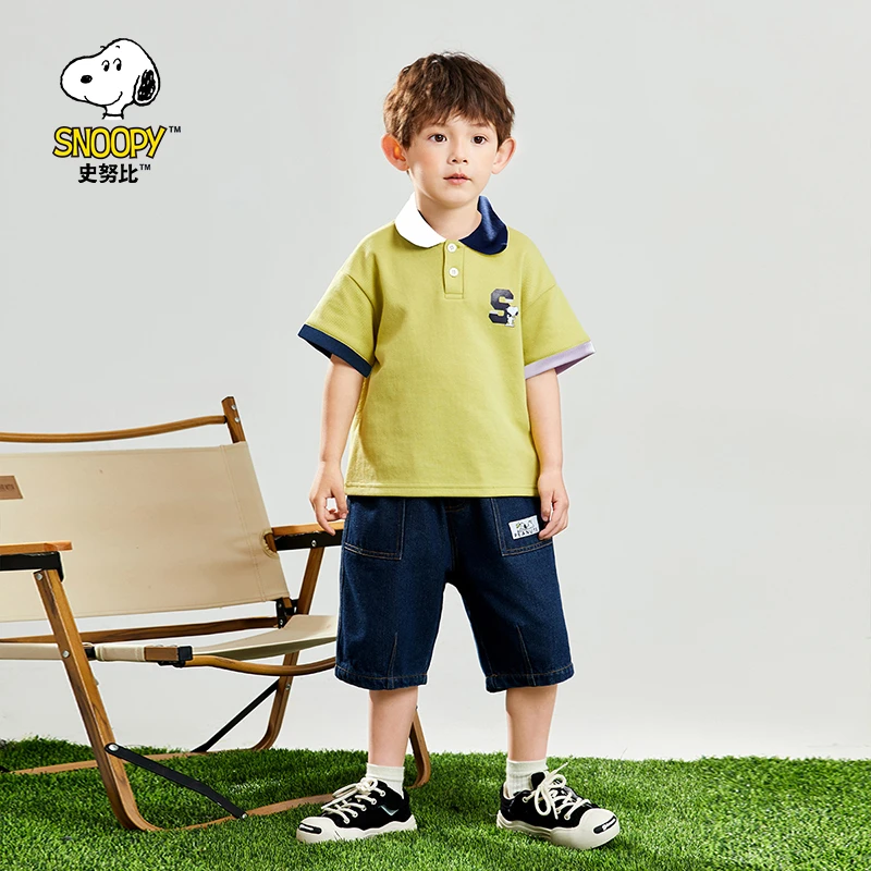 Snoopy/史努比儿童套装2025夏季新款男中童POLO衫牛仔短裤两件套