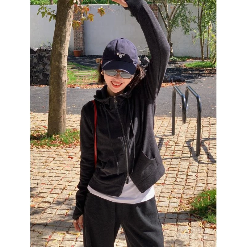 LANGQING 深灰色秋装修身拉链连帽外套160187#