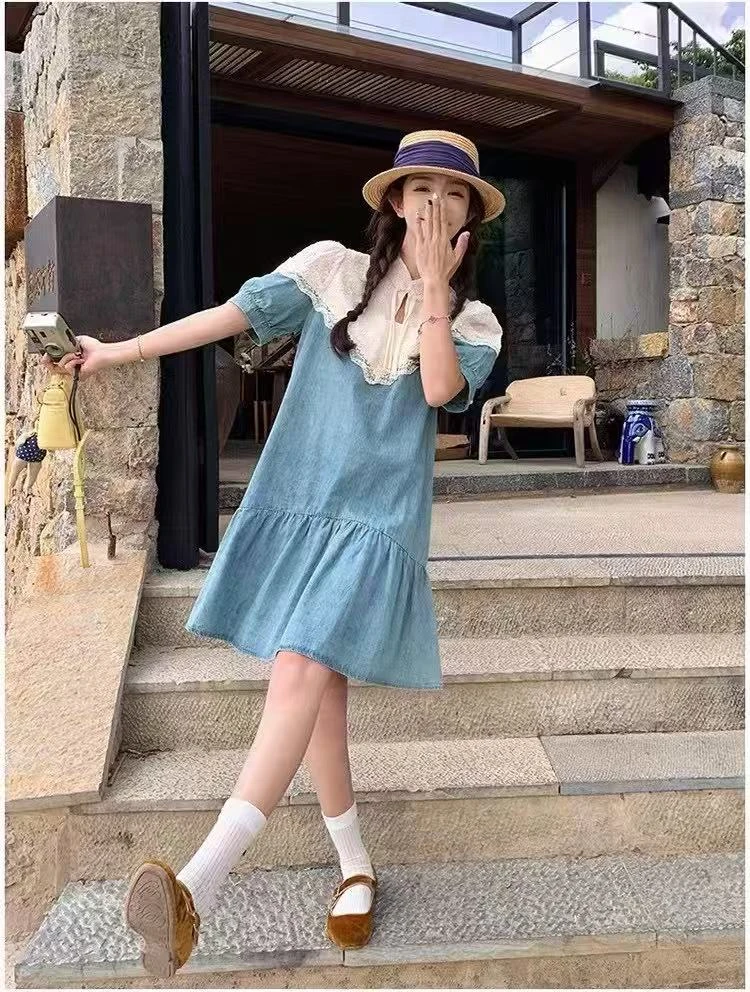 轻奢推荐夏季新款短款新中式蕾丝生仔拼接连衣裙洋气减龄A字裙子