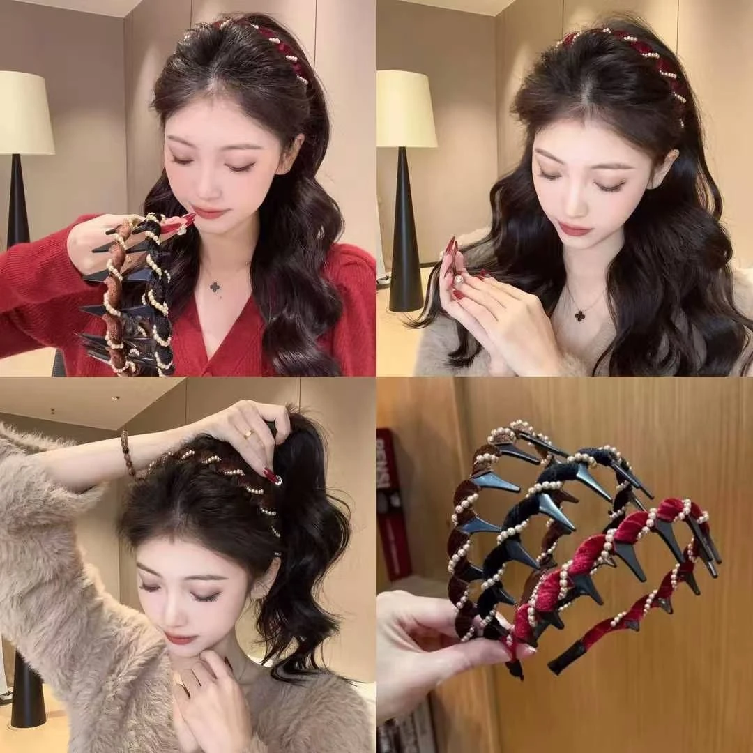高颅顶丝绒珠珠波浪发箍女新款网红洗脸防滑发卡碎发整理头箍发饰