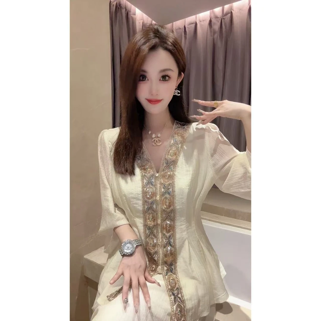JY&JY橙子大大【小蛮腰】重工国风绣花收腰衬衫上衣 16396