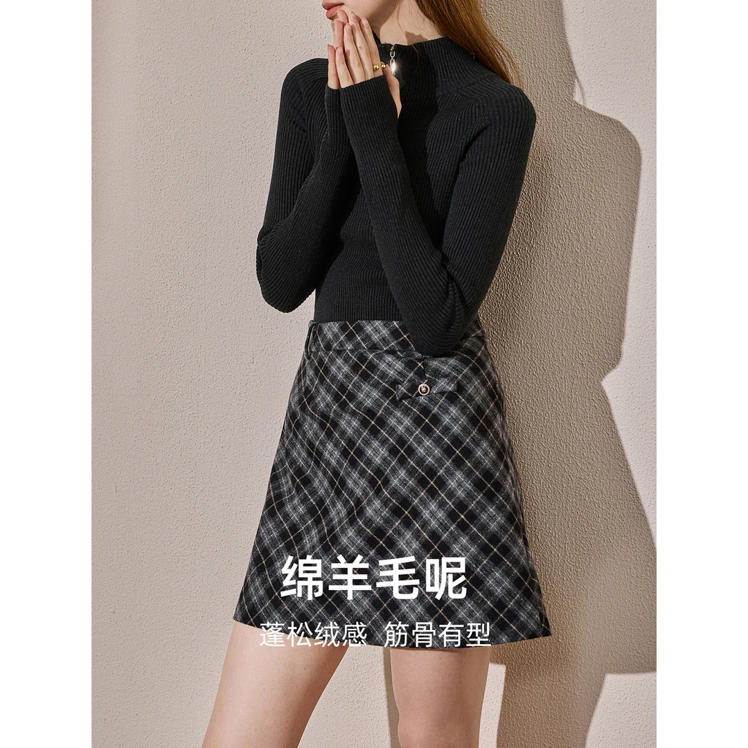库恩玛维复古学院派格子短裙女2025年冬新款韩版绵羊毛混纺a字裙