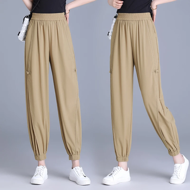 高腰灯笼裤女九分薄款2025新款大码新中式宽松显瘦国风盘扣哈伦裤