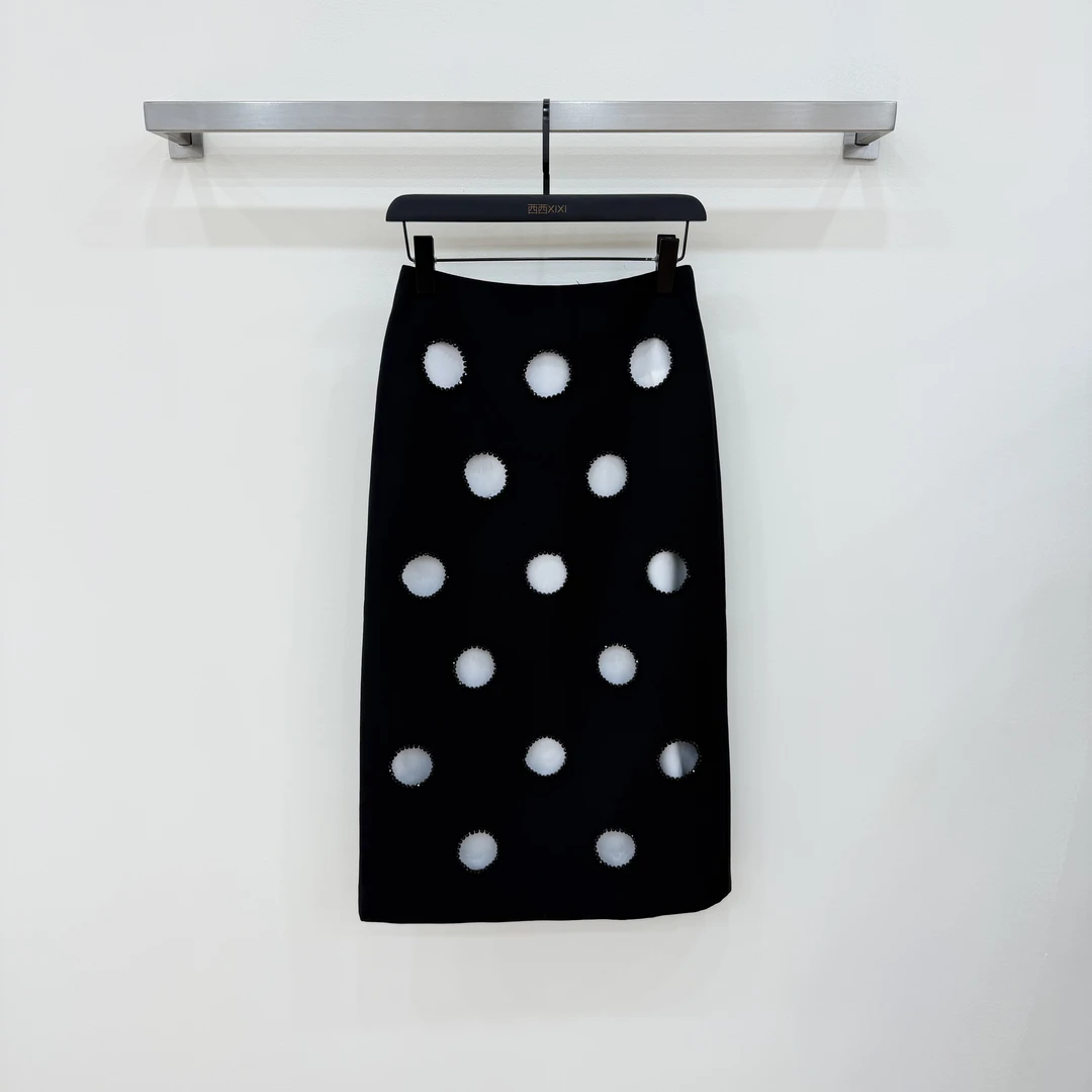 【西西高定】秋冬设计感黑白波点镂空半身裙