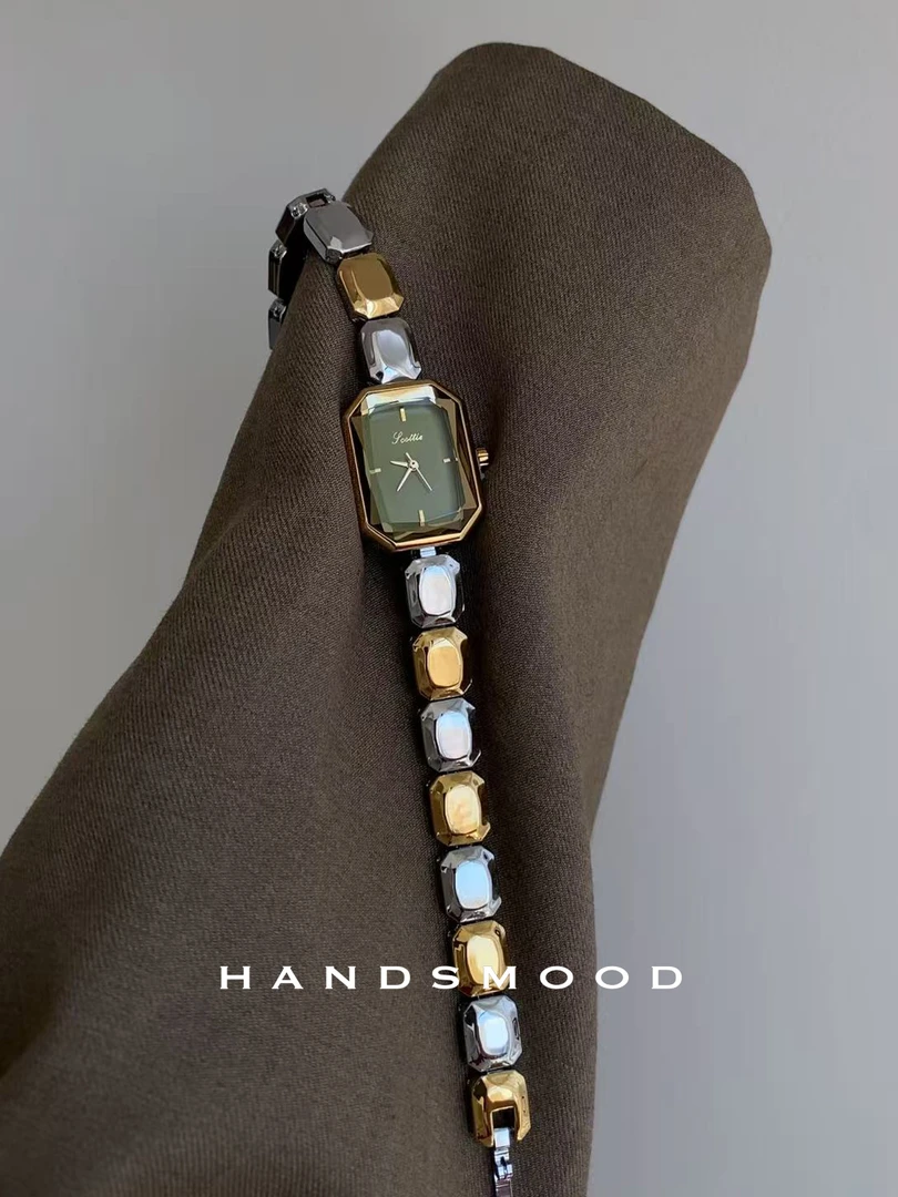 handsmood 金银撞色方豆豆表带绿色时尚小众高级感个性女士手表
