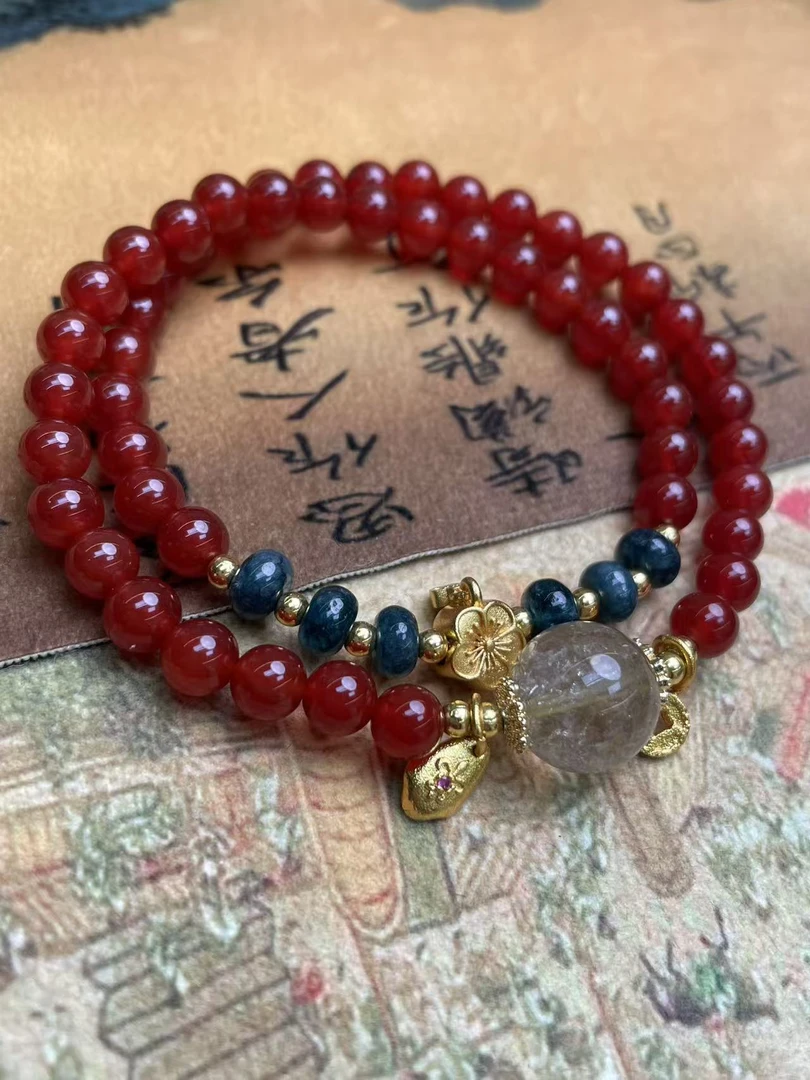 S1368-南红玛瑙6mm+天然水晶顶珠+双圈桃花手串