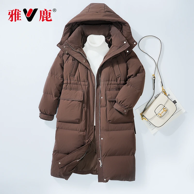 雅鹿【90绒羽绒服】冬季长款内收腰韩系保暖冬季龟背羽绒服女款
