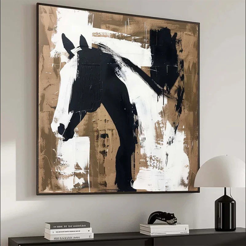 手绘油画《骏马》餐厅挂画客厅沙发背景墙装饰画玄关壁画肌理黑白