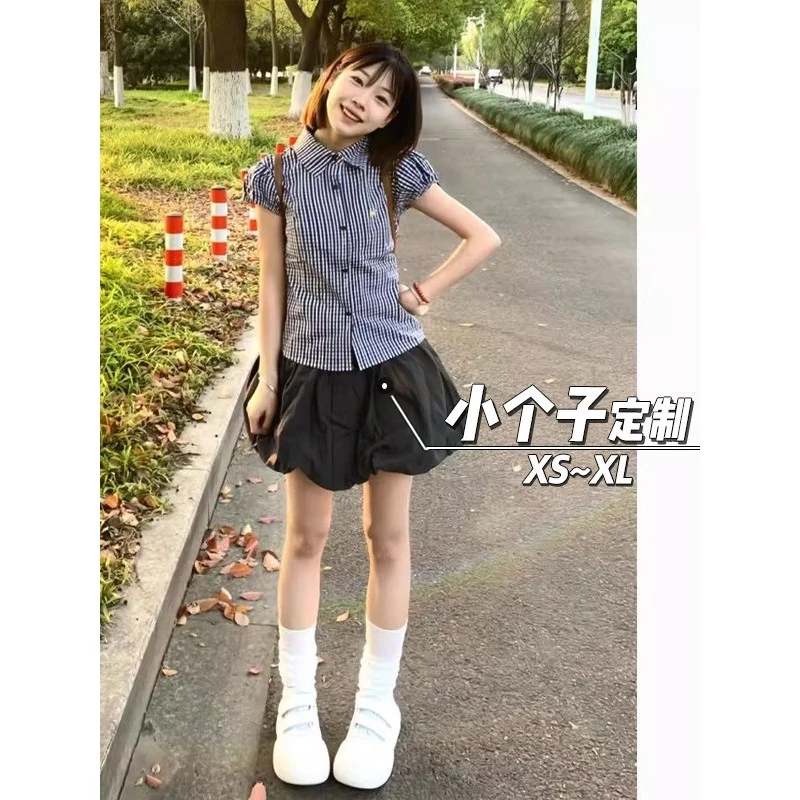 格子复古短袖衬衫女秋150小矮个子高腰花苞裤裙修身正肩上衣套装