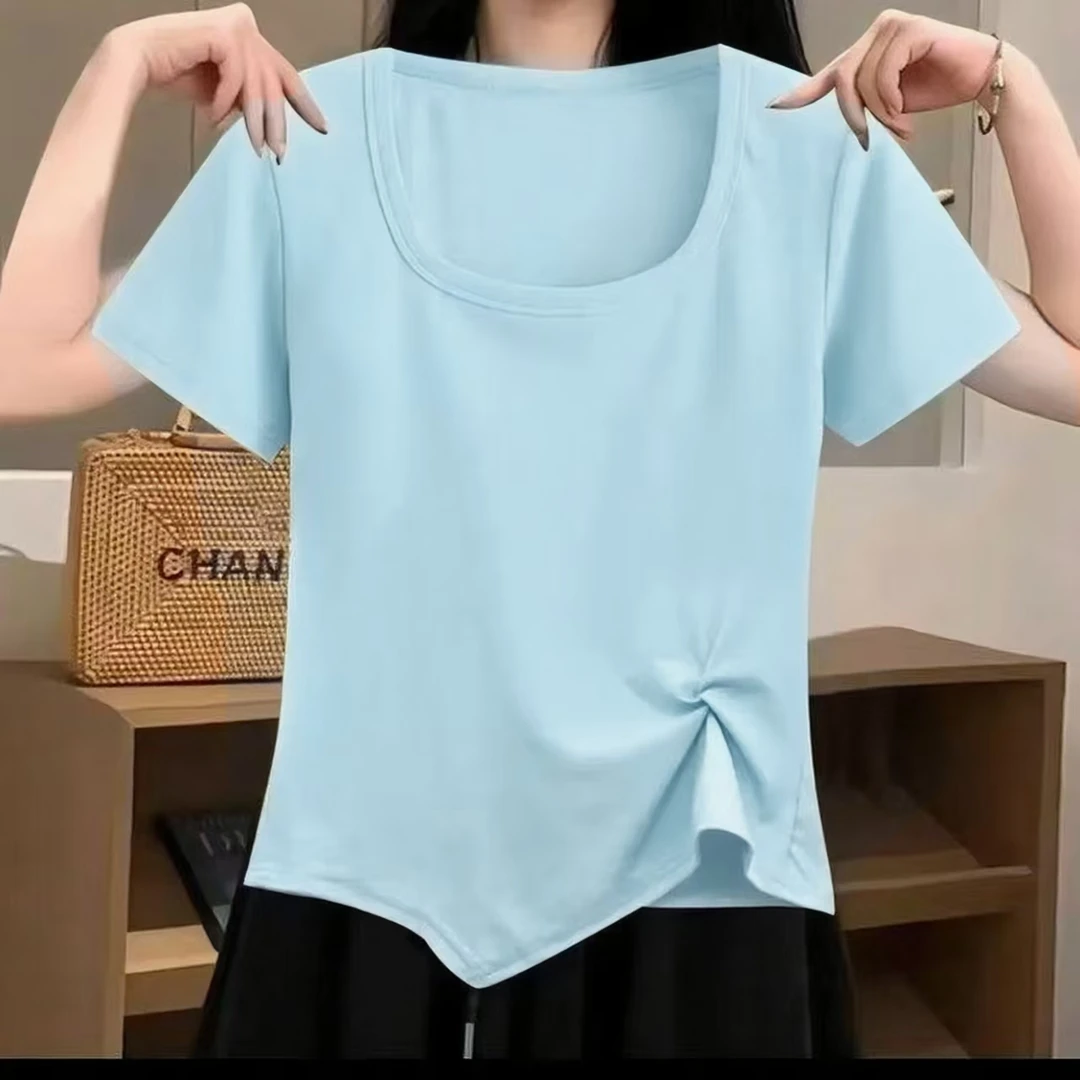 纯色方领短袖T恤女夏季百搭不规则折皱半袖修身显瘦设计感上衣