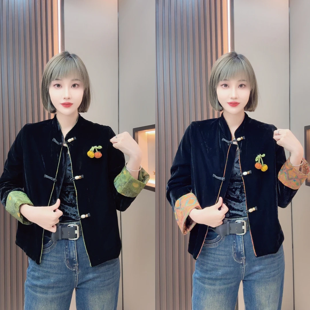 敏宝儿➕3111秋季长袖拼接纽扣丝绒盘扣上衣休闲百搭新中式穿搭