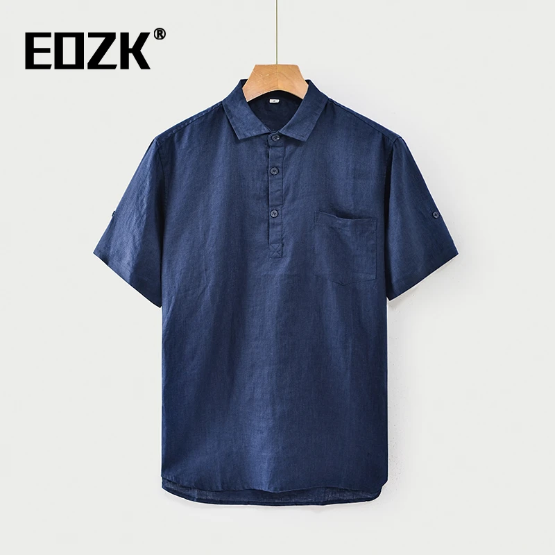 Eozk高端100%纯亚麻短袖衬衫领T恤男士夏季半袖中国风休闲polo衫