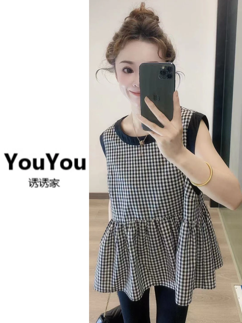 日系格纹撞色无袖背心衬衫娃娃衫女夏