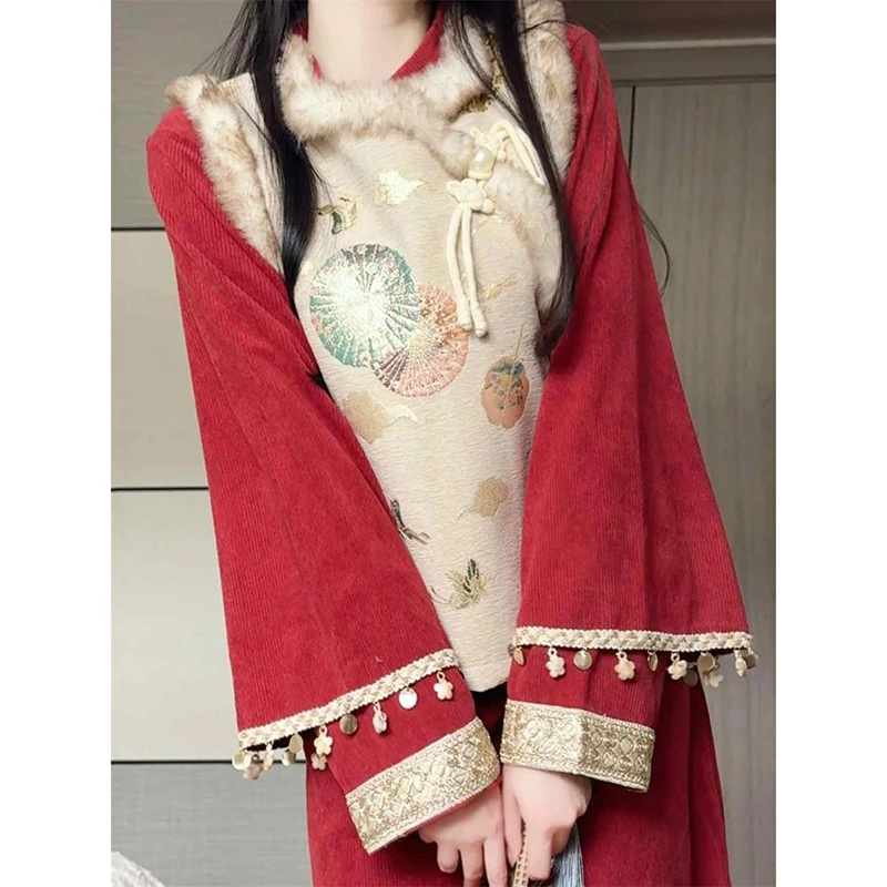 民国风拜年服改良马甲旗袍女春冬季新款加绒加厚红色连衣裙两件套