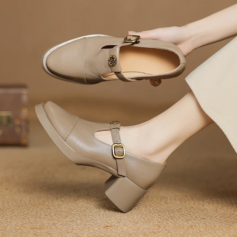 羊皮5公分/粗跟真皮小尖头玛丽珍鞋百搭中跟春秋复古单鞋小皮鞋