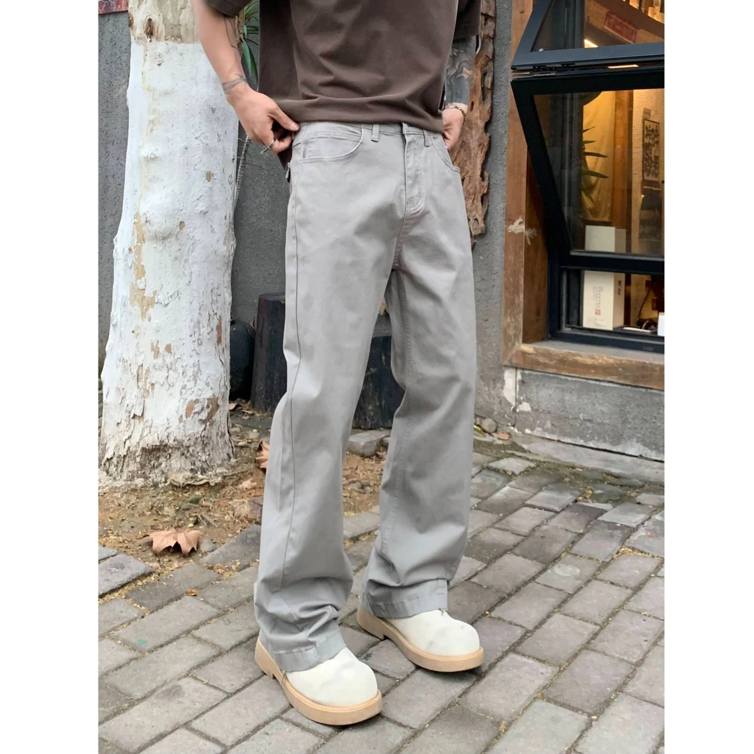 QUALCOMM美式基础斜切牛仔裤男春夏款微弹显瘦微喇裤休闲直筒长裤