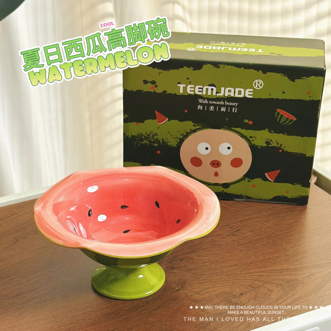 【清暑玲珑】西瓜高脚荷花碗陶瓷家用创意手绘酸奶碗可爱甜品碗