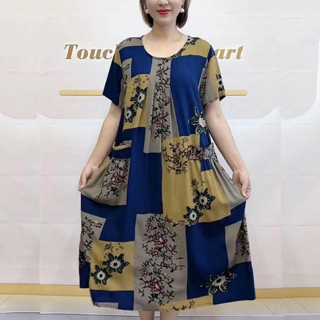 新款短袖方格双兜大版夏天连衣裙50到60岁高档女装老年人裙子妈妈