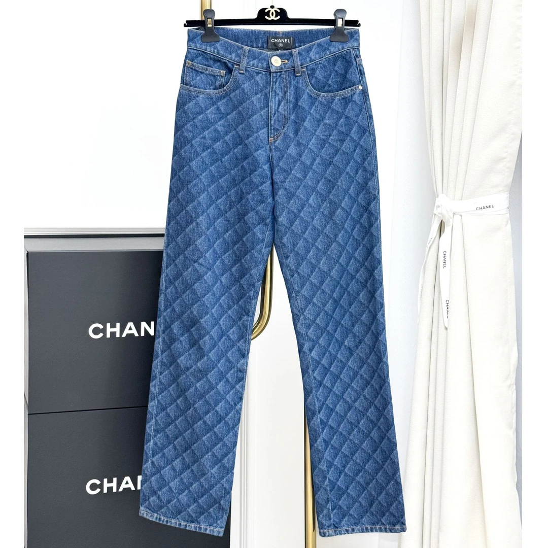 99新 Chanel/香奈儿 34码22B蓝色菱格纹牛仔裤，长裤