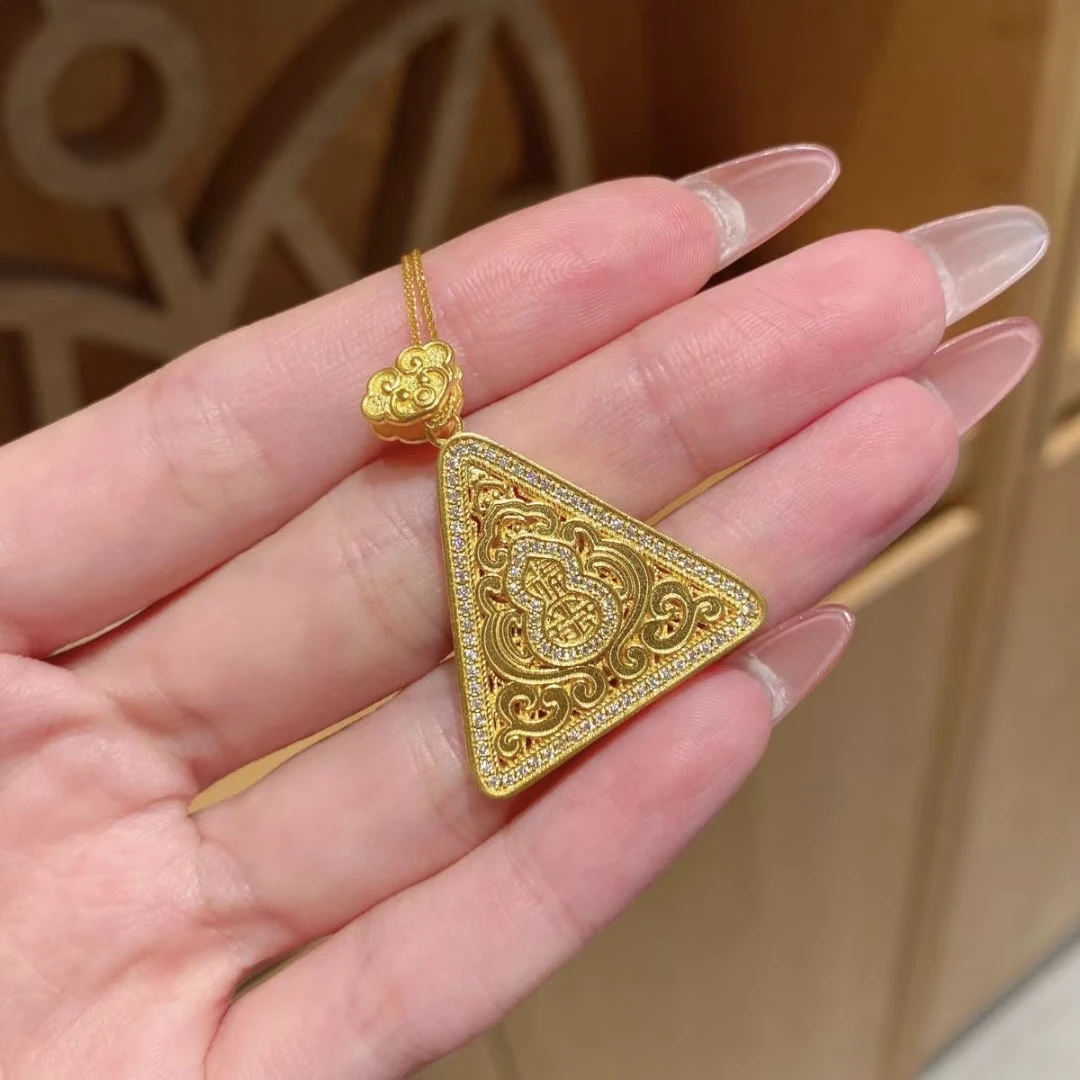 黄金足金999古法点钻镶嵌三角平安福字葫芦吊坠