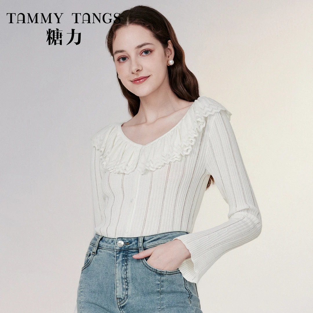 糖力春秋新款长袖减龄荷叶领针织衫上衣女