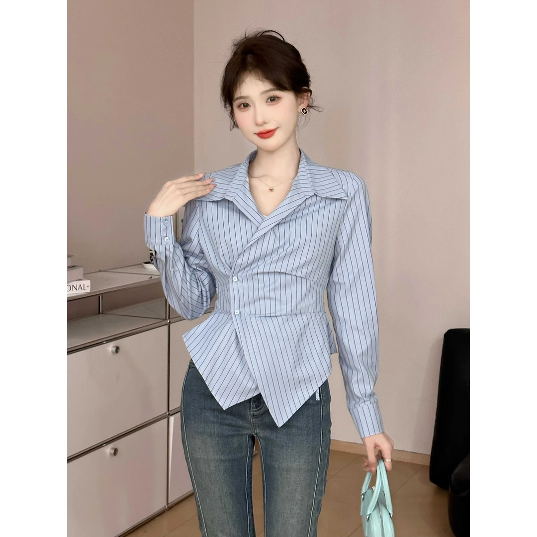 【宝谊专属】上衣法式经典条纹不规则剪裁收腰显瘦翻领长袖衬衫