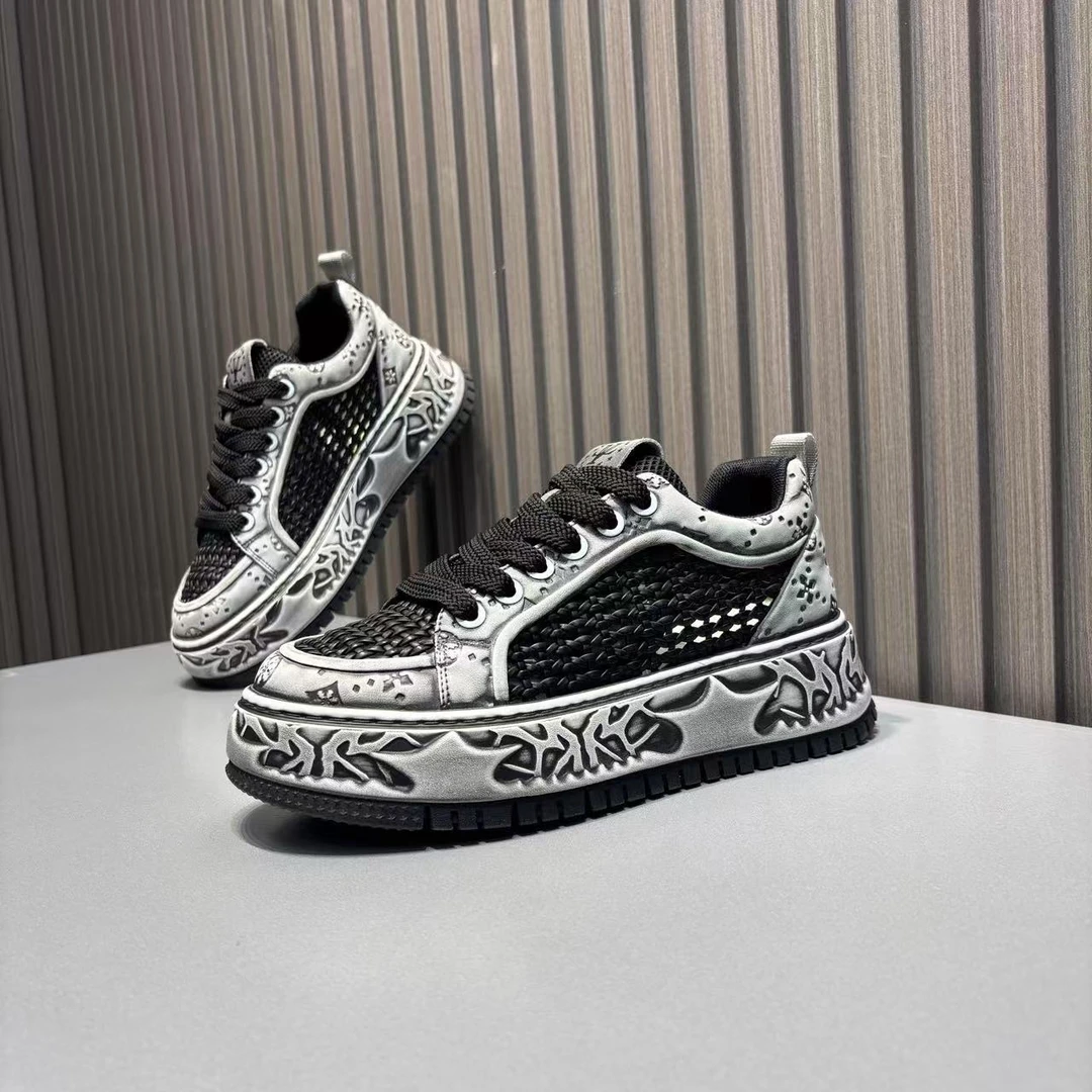 男士潮鞋夏季复古编制单网透气时尚百搭轻奢厚底系带运动休闲板鞋