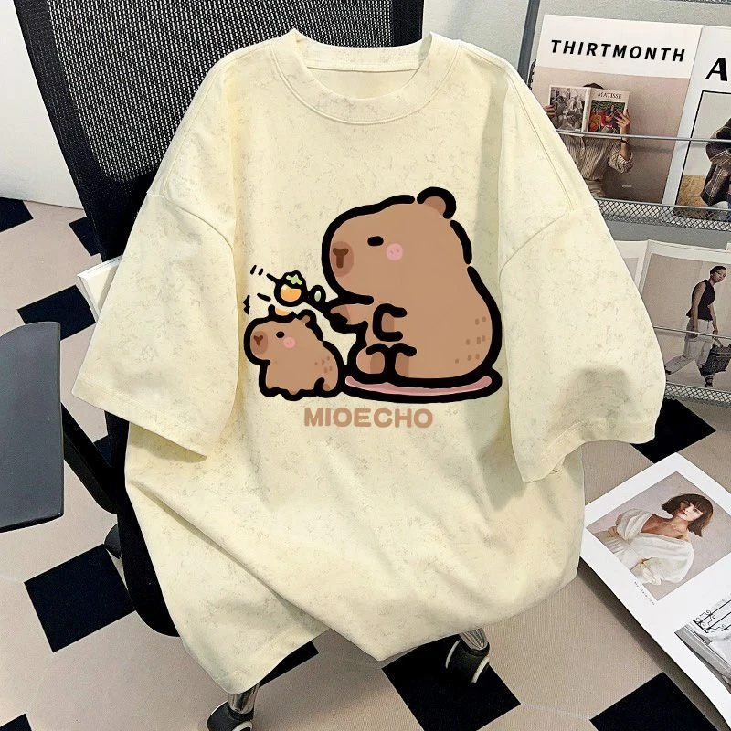 国潮复古夏季男女童新款扎染短袖t恤卡皮巴拉百搭中大童蜡染上衣