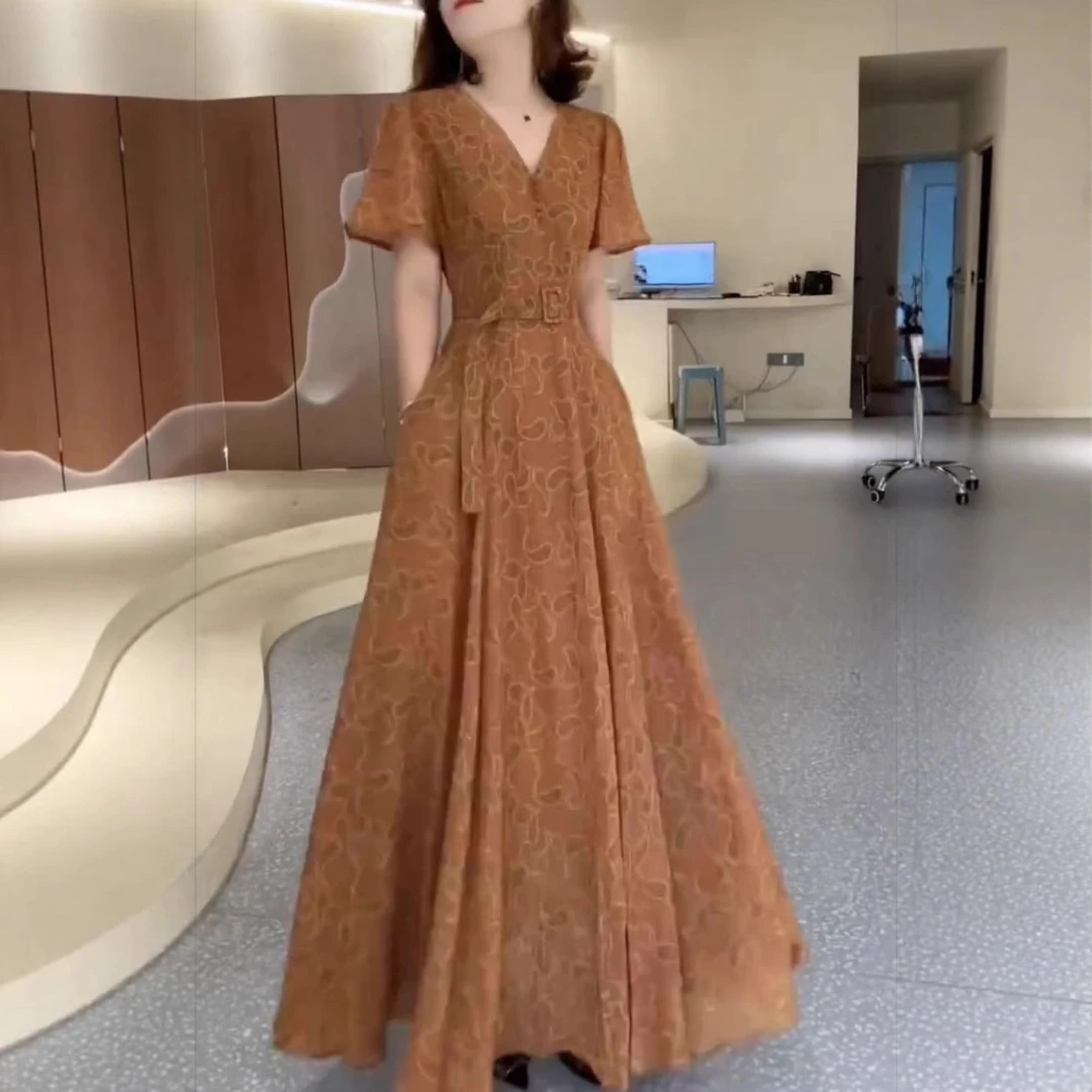 2025夏季轻奢高贵气质复古雪纺法式时尚收腰显瘦修身名媛连衣裙