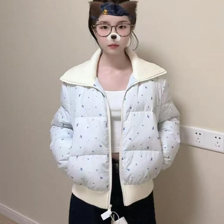 甜美碎花蓝色翻领加厚棉服外套女春季设计感小众拼接拉链棉袄ins