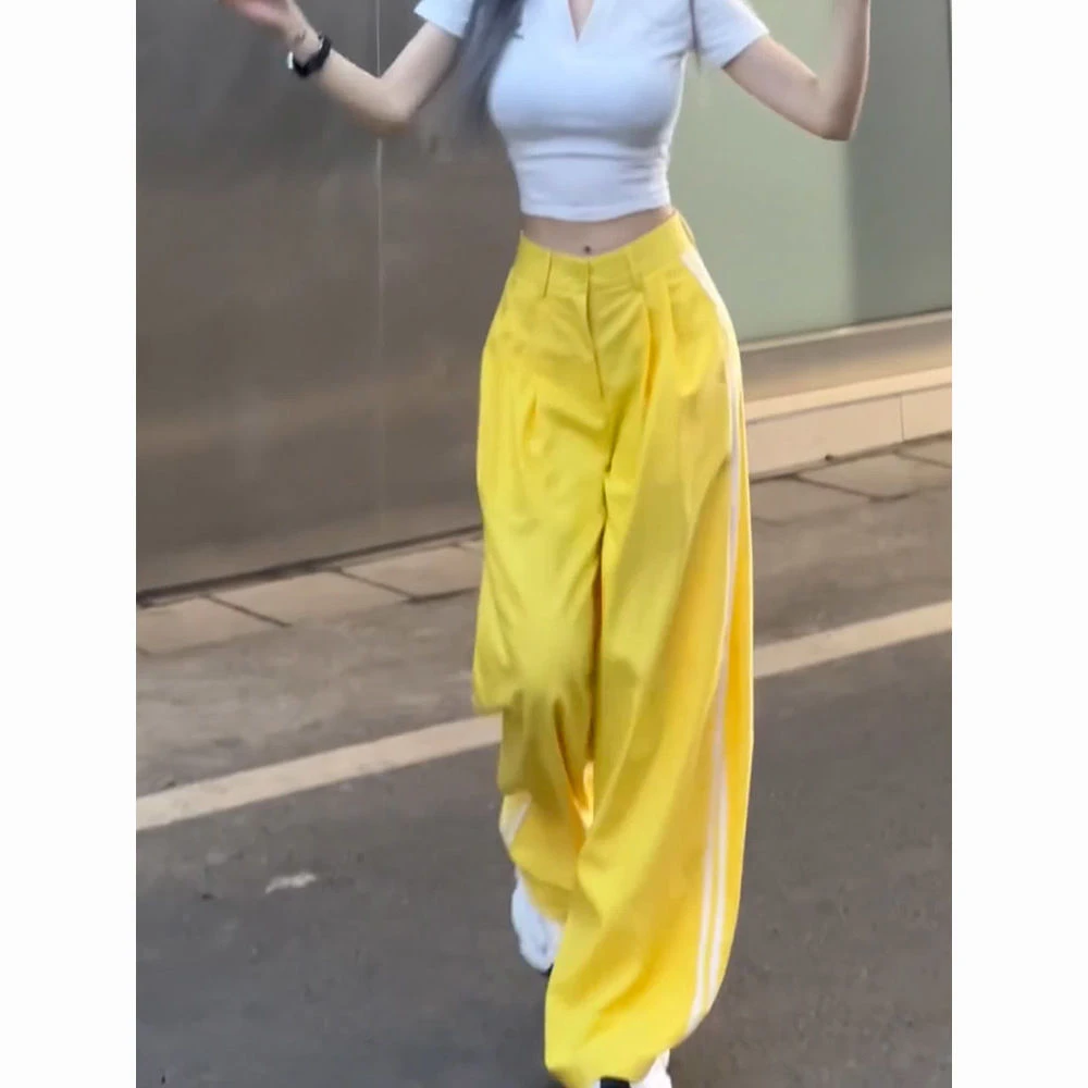 美式复古黄色宽松休闲裤女2025新款高级感阔腿直筒长裤多巴胺裤子