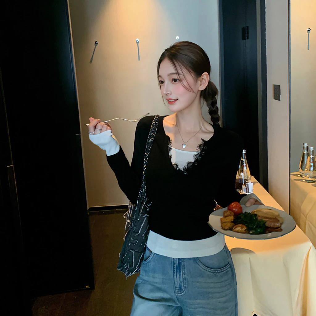 蕾丝毛边打底衫女v领拼接t恤假两件显瘦针织衫韩系洋气减龄上衣