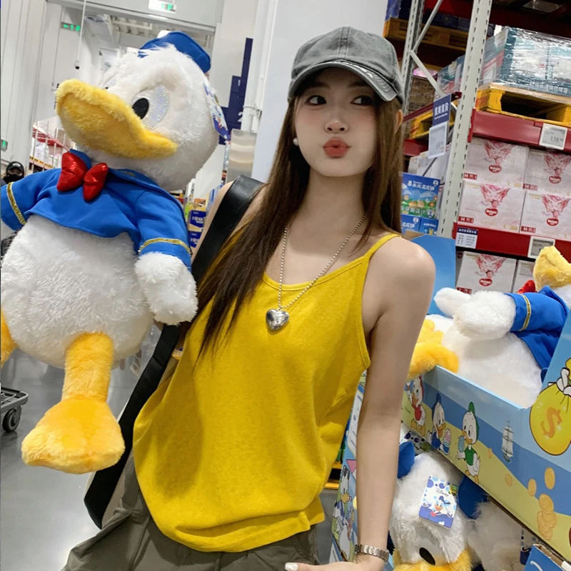 黄色竹节棉亚麻吊带背心女夏外穿新款宽松大码内搭无袖上衣