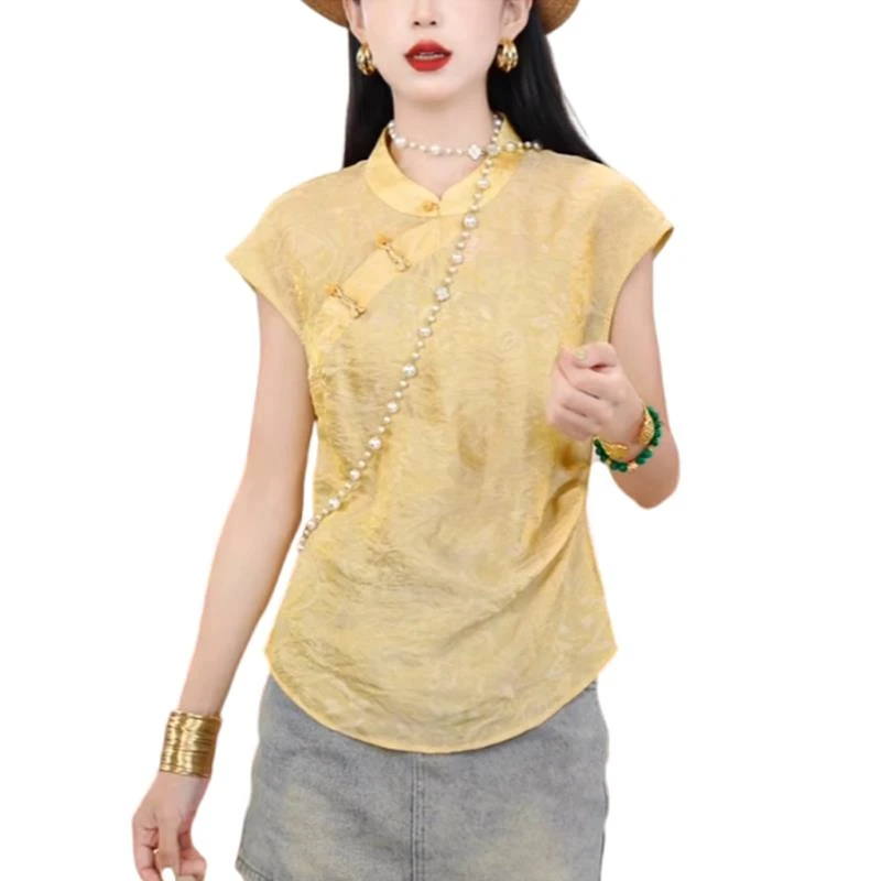 新中式真丝提花衬衫短袖女装夏季薄款国风小衫改良旗袍桑蚕丝上衣