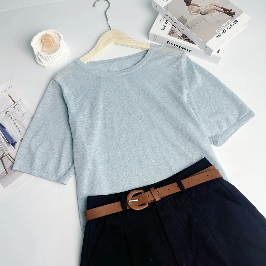 玲姐定制-圆领纯色薄款微透宽松休闲针织短袖142021