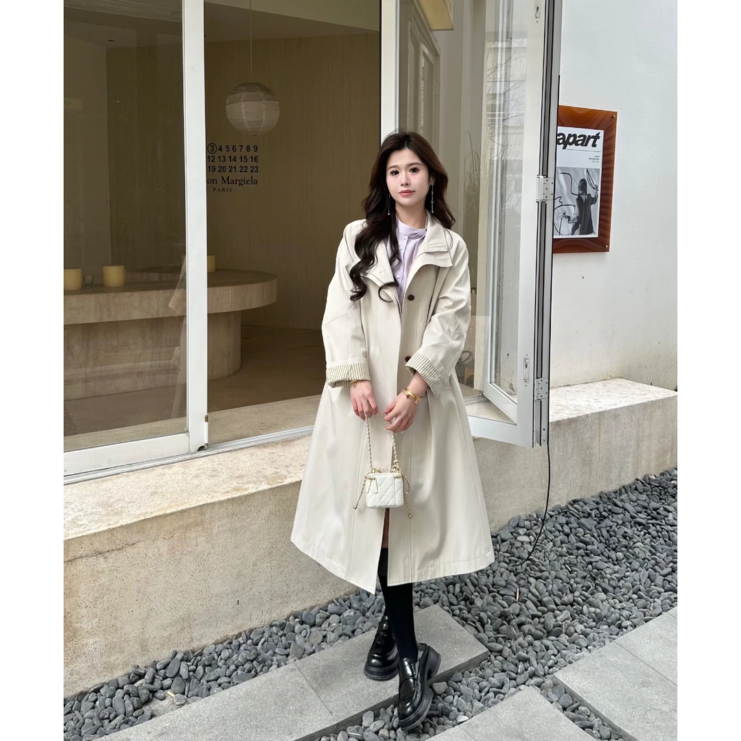 QC李潇洒【都市棱镜】微胖大码英伦风春拼接条纹袖宽松中长款风衣外