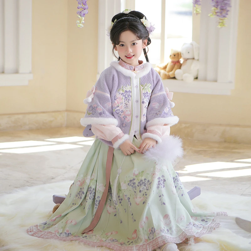 【雪青】汉服女童冬装宝宝中国风紫色明制套装女古装长裙儿童拜年
