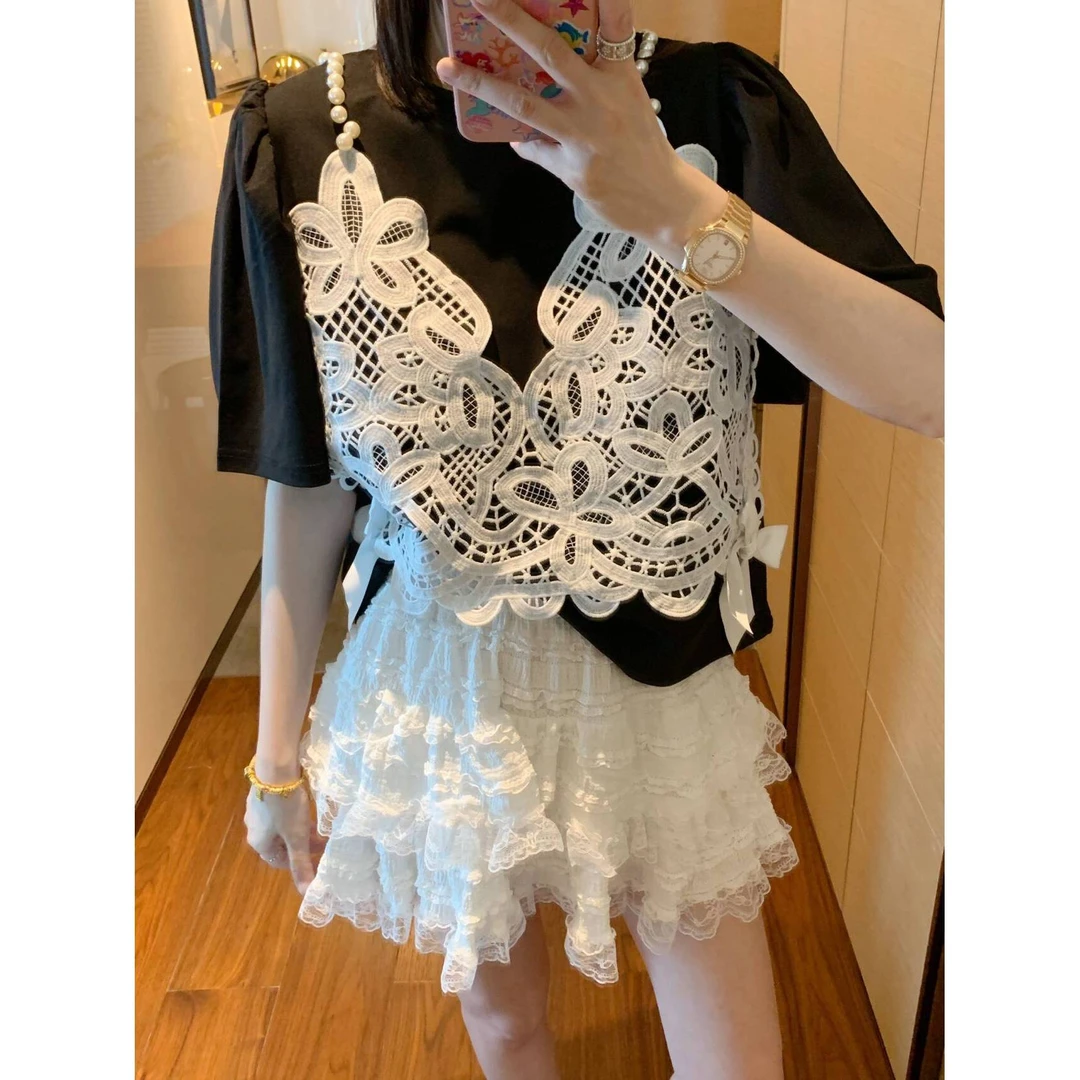 【张静芝】白色镂空钩花边蝴蝶结拼接短袖T恤