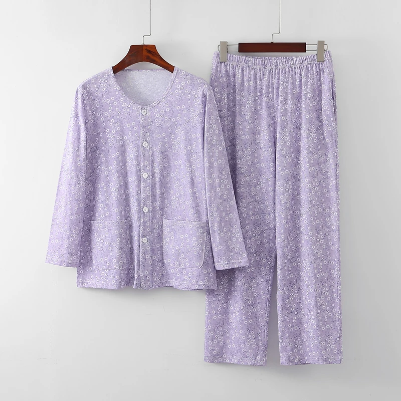 中老年女士碎花纯棉长袖长裤开衫家居服夏季薄款