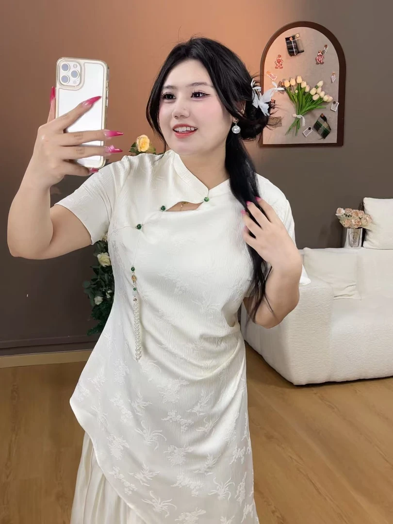 茶茶定制夏季新款新中式拼接旗袍2025夏季新款简约国风大码连衣裙