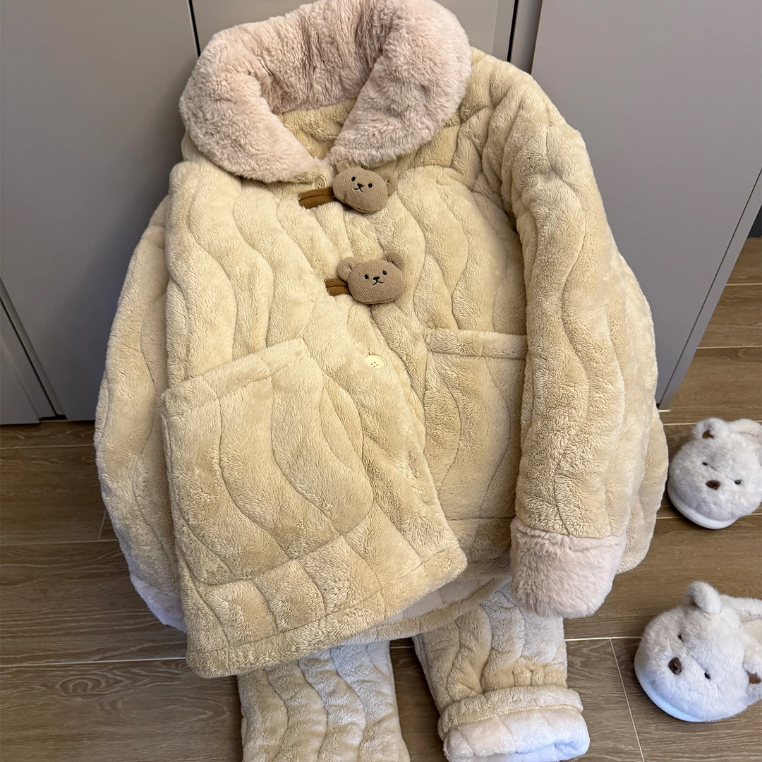 三层夹棉加厚睡衣女款秋冬季湖南省省服长袖两件套卡通小熊家居服