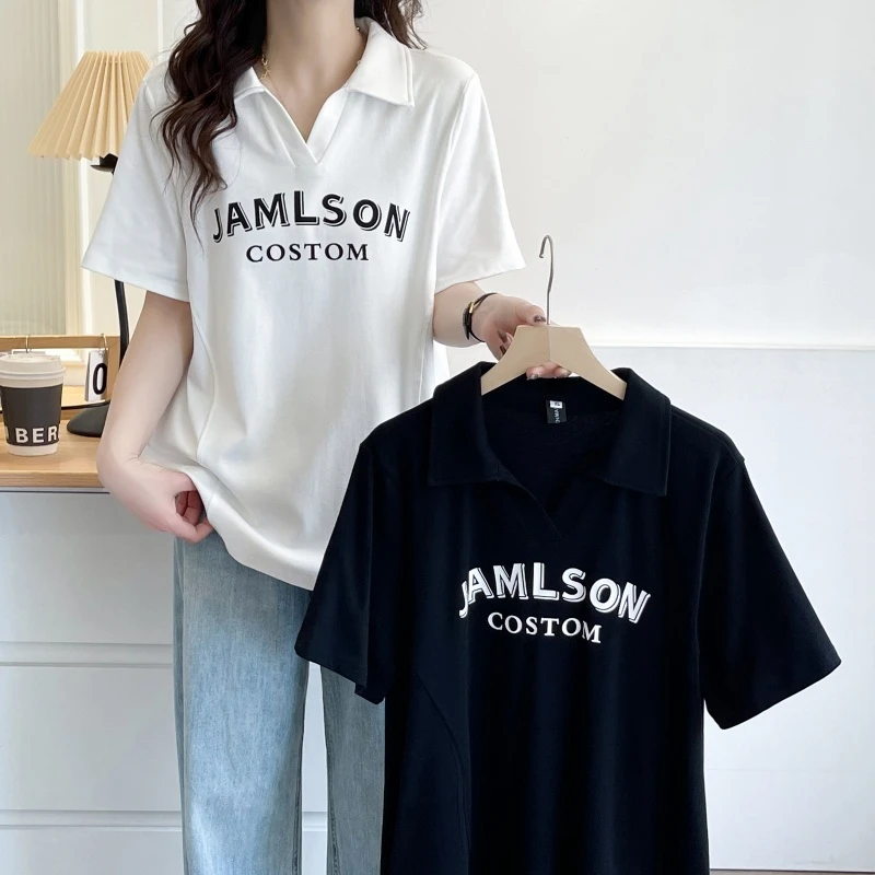 韩版休闲风夏装T恤女翻领短袖印花字母ins胖mm修身显瘦体恤女上衣