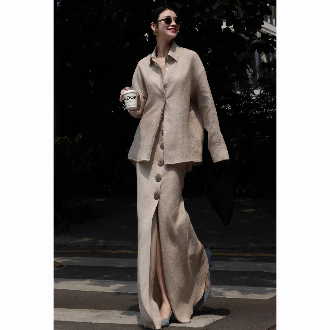 高级感老钱风松弛感亚麻套装裙设计感慵懒宽松衬衣半裙休闲两件套