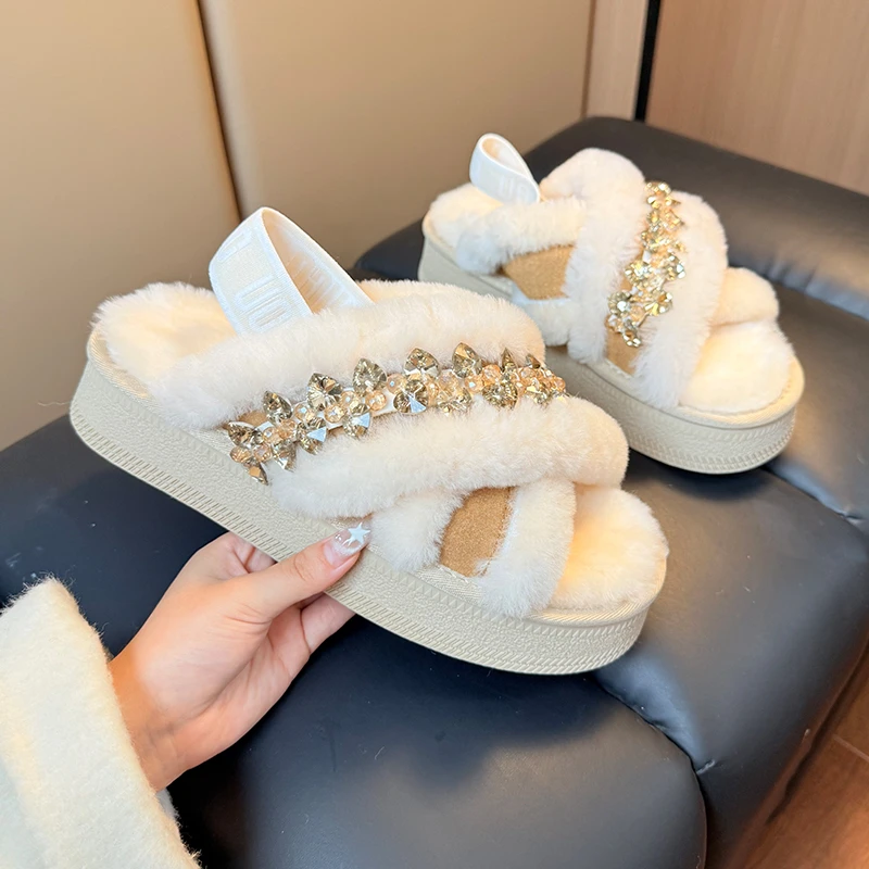 秋冬棉拖鞋女款2025新款爆款羊皮毛一体厚底水钻牛皮毛毛拖鞋