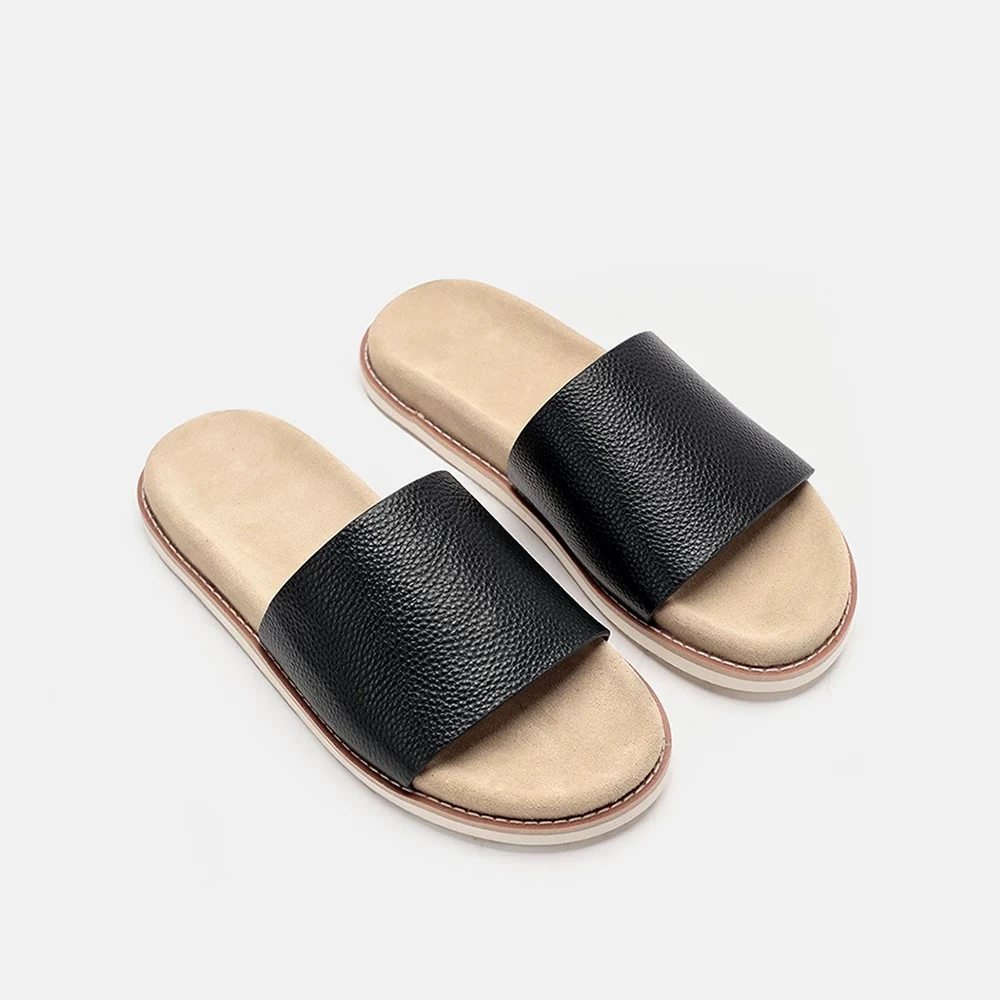 时尚休闲经典防滑平底凉拖鞋真皮外穿透气黑色一字拖夏季男士牛皮