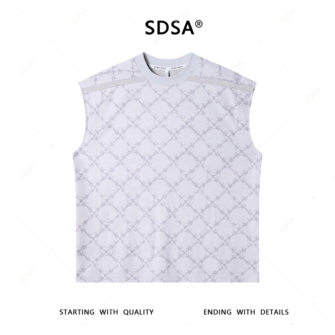 夏季高级感新款男士美式格纹坎肩设计短袖T恤时尚圆领休闲上衣潮