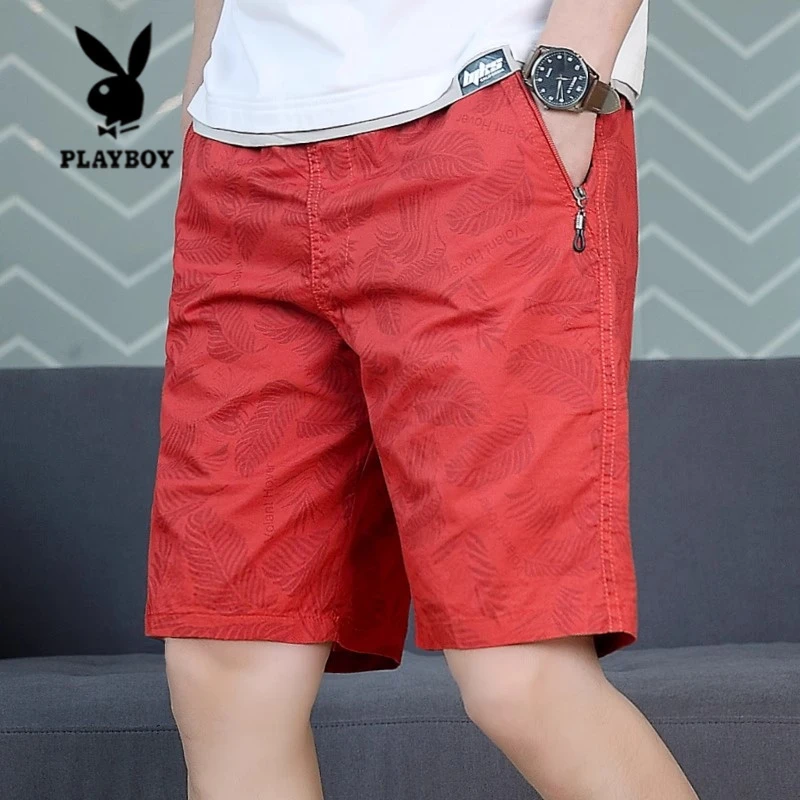 PLAYBOY/花花公子红色印花纯棉短裤男夏季薄款潮流潮牌沙滩休闲裤