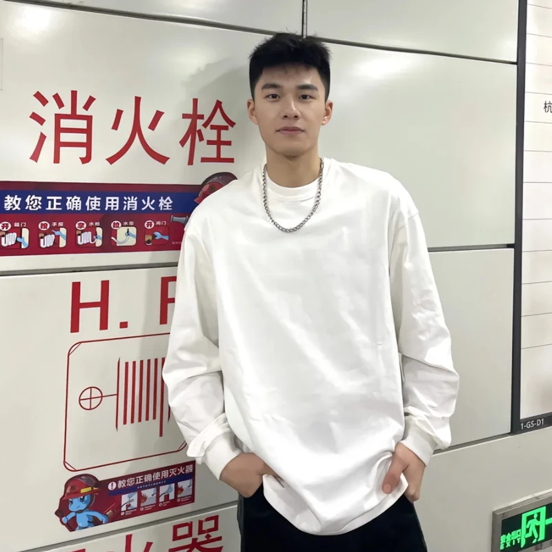 280g重磅长袖t恤男纯棉美式纯色卫衣宽松白色春秋季打底衫内搭潮